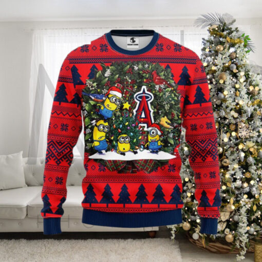 Los Angeles Angels Ugly Christmas Sweater With Minions Christmas Tree