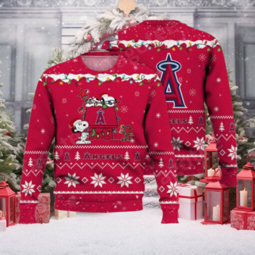 Los Angeles Angels Ugly Christmas Sweater With Snoopy Holiday Lights Theme