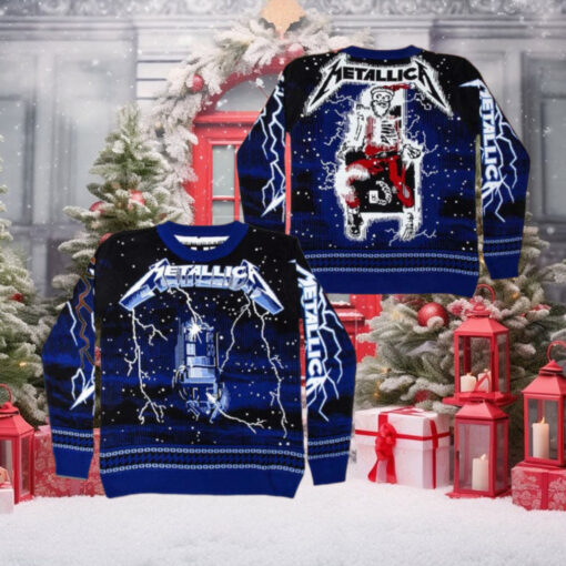 Metallica Ride The Lightning Skeleton Santa On The Electric Chair Iconic Ugly Ugly Christmas Sweater Gift For Holiday