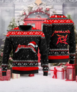 Metallica Signature Logo With Santa Hat Reindeer Pattern Black And Red Knitted Ugly Christmas Sweater Ugly Christmas Sweater Gift For Holiday