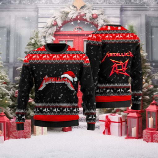 Metallica Signature Logo With Santa Hat Reindeer Pattern Black And Red Knitted Ugly Christmas Sweater Ugly Christmas Sweater Gift For Holiday