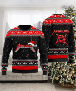 Metallica Signature Logo With Santa Hat Reindeer Pattern Black And Red Knitted Ugly Christmas Sweater Ugly Christmas Sweater Gift For Holiday