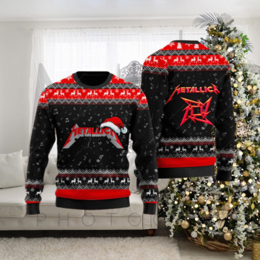 Metallica Signature Logo With Santa Hat Reindeer Pattern Black And Red Knitted Ugly Christmas Sweater Ugly Christmas Sweater Gift For Holiday