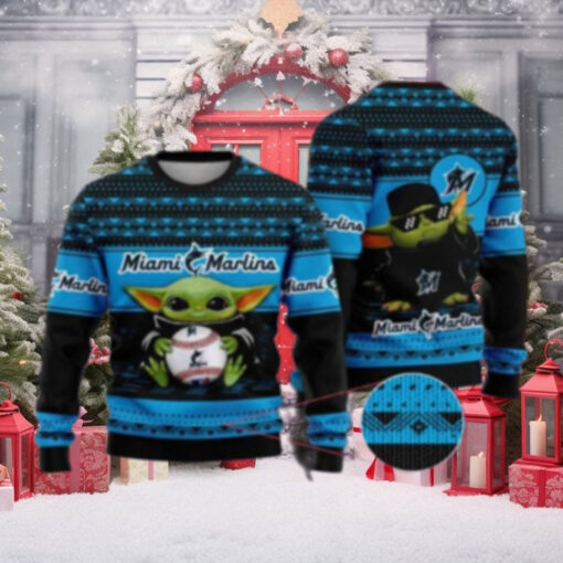 Miami Marlins Baby Yoda Baseball Themed Ugly Christmas Sweater