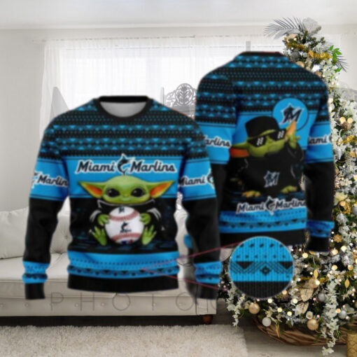 Miami Marlins Baby Yoda Baseball Themed Ugly Christmas Sweater