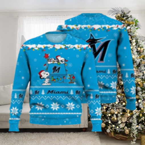 Miami Marlins Snoopy Christmas Lights Ugly Sweater