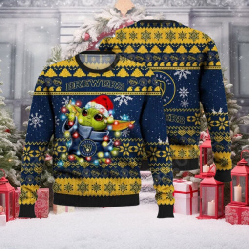 Milwaukee Brewers Baby Yoda Christmas Lights Ugly Sweater