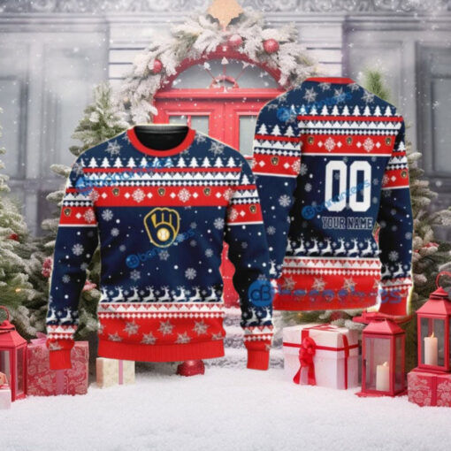 Milwaukee Brewers Red And Navy Festive Reindeer Sweater