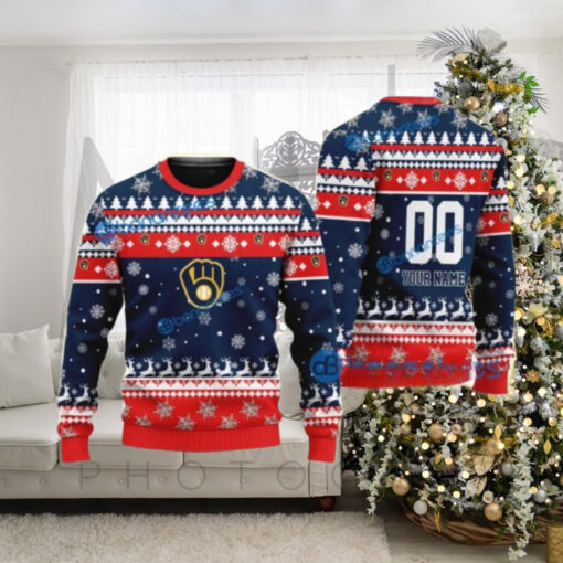 Milwaukee Brewers Red And Navy Festive Reindeer Sweater