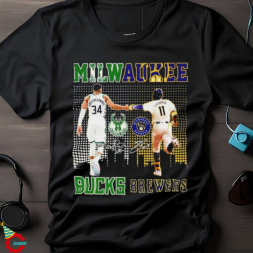 Milwaukee Bucks Giannis Antetokounmpo and Milwaukee Brewers Jackson Chourio signature 2024 shirt