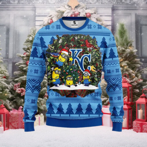 Minions And KC Royals Wreath Ugly Christmas Sweater Design