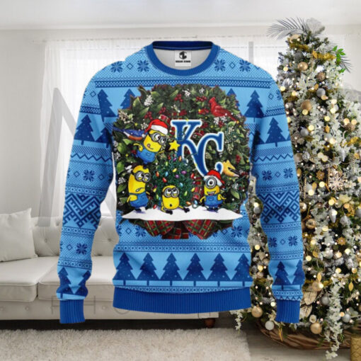 Minions And KC Royals Wreath Ugly Christmas Sweater Design