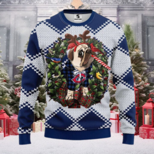 Minnesota Twins Pug Reindeer Christmas Wreath Ugly Sweater