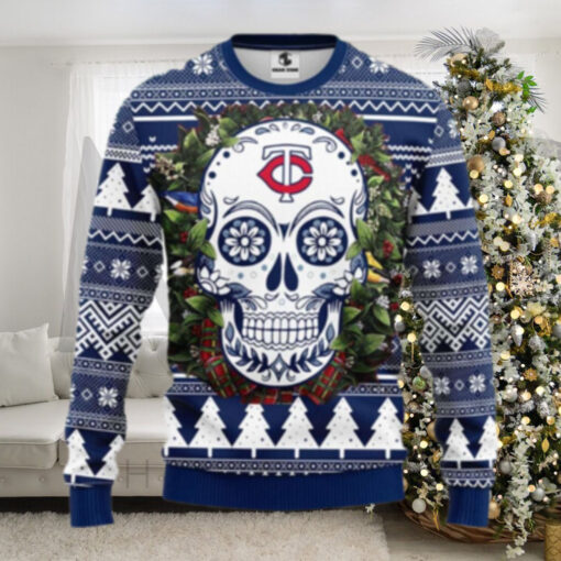 Minnesota Twins Sugar Skull Wreath Ugly Christmas Sweater