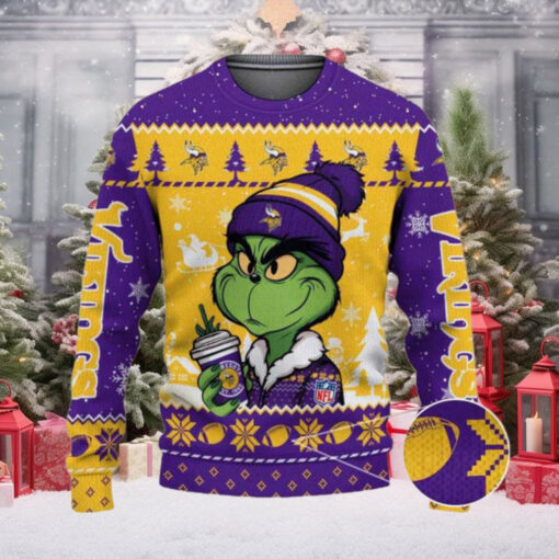 Minnesota Vikings The Grinch Drink Coffee Ugly Christmas Sweater