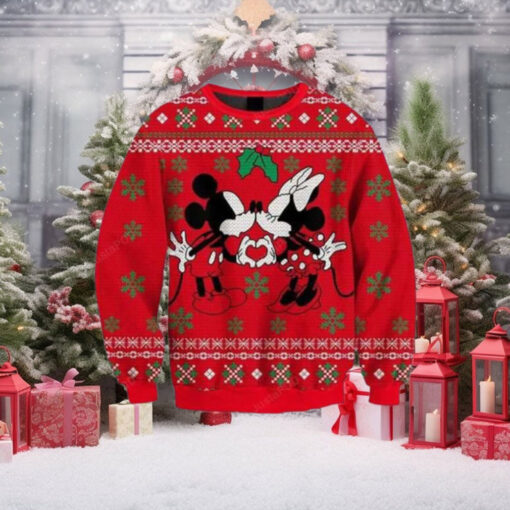 Minnie Kissing Mickey Disney Funny Couples Pattern Knitted Ugly Christmas Sweater