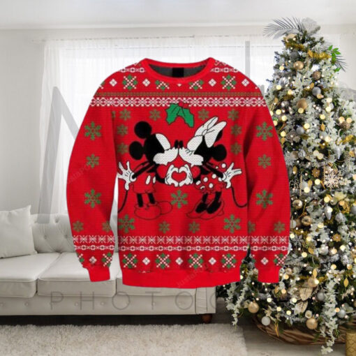 Minnie Kissing Mickey Disney Funny Couples Pattern Knitted Ugly Christmas Sweater