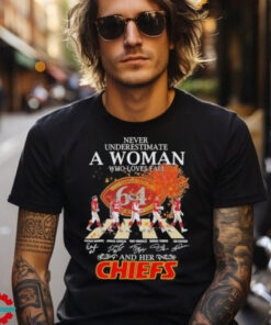 Never Underestimate A Woman Who Loves Fall And Her Kansas City Chiefs Abbey Road Signatures Shirt