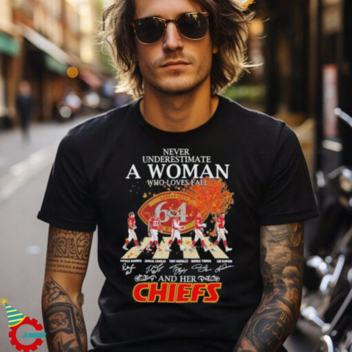 Never Underestimate A Woman Who Loves Fall And Her Kansas City Chiefs Abbey Road Signatures Shirt