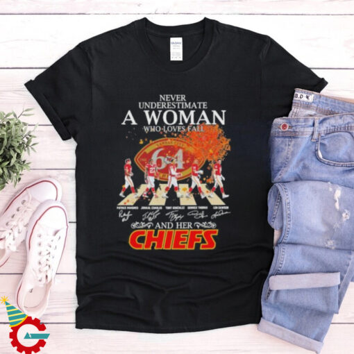 Never Underestimate A Woman Who Loves Fall And Her Kansas City Chiefs Abbey Road Signatures Shirt