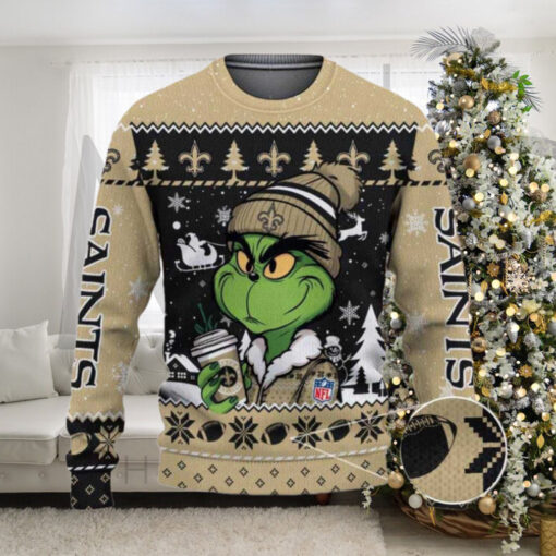 New Orleans Saints The Grinch Drink Coffee Ugly Christmas Sweater