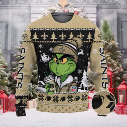 New Orleans Saints The Grinch Drink Coffee Ugly Christmas Sweater