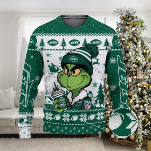 New York Jets The Grinch Drink Coffee Ugly Christmas Sweater