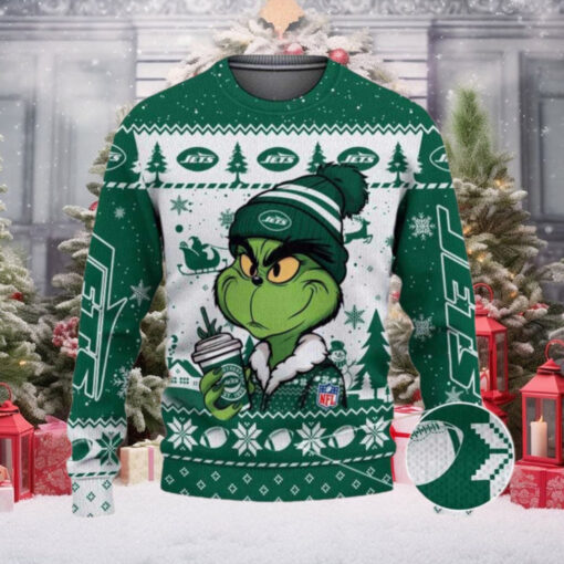 New York Jets The Grinch Drink Coffee Ugly Christmas Sweater