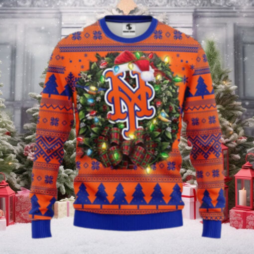 New York Mets Wreath Lights Christmas Sweater