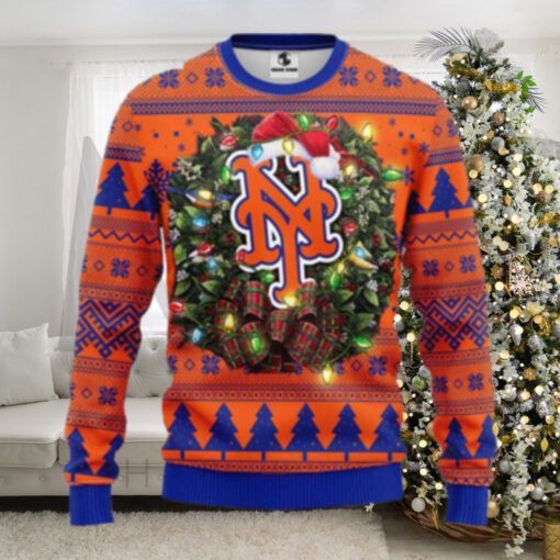 New York Mets Wreath Lights Christmas Sweater