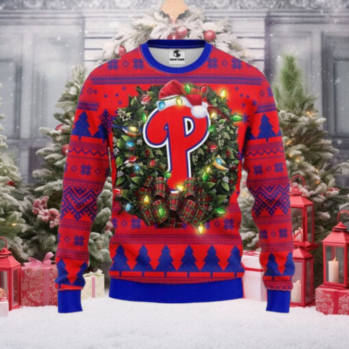 Philadelphia Phillies Wreath Lights Christmas Ugly Sweater