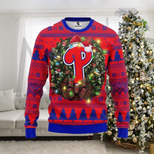 Philadelphia Phillies Wreath Lights Christmas Ugly Sweater