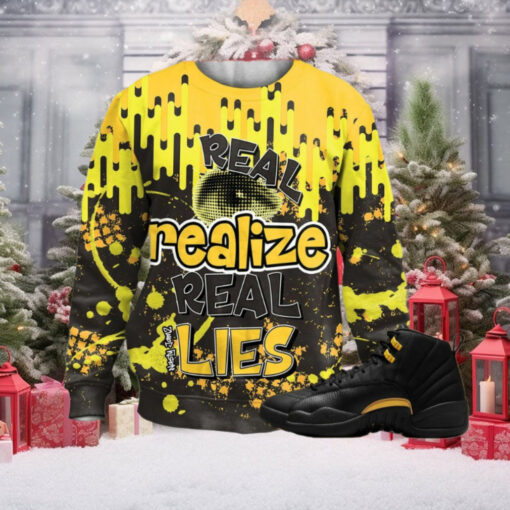 Real Eyes Realize Real Lies 3D Dripin Trendy match Jordan 12 Black Taxi  Ugly Christmas sweater