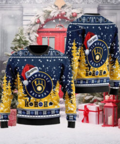 Santa Hat Milwaukee Brewers Christmas Sweater With Festive Trees