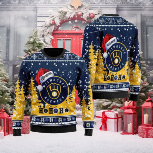 Santa Hat Milwaukee Brewers Christmas Sweater With Festive Trees