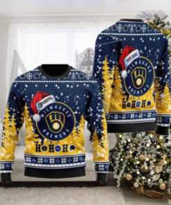 Santa Hat Milwaukee Brewers Christmas Sweater With Festive Trees