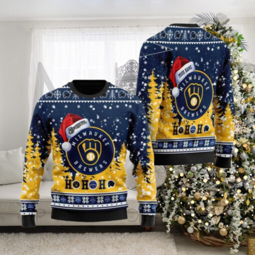 Santa Hat Milwaukee Brewers Christmas Sweater With Festive Trees