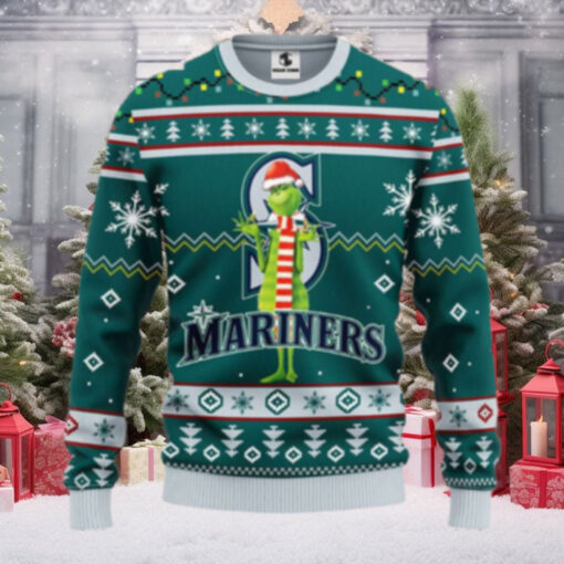 Seattle Mariners Grinch Santa Hat Festive Ugly Christmas Sweater