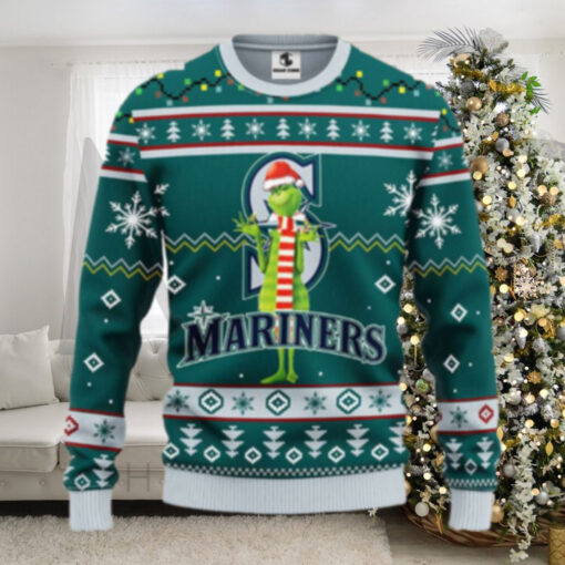 Seattle Mariners Grinch Santa Hat Festive Ugly Christmas Sweater