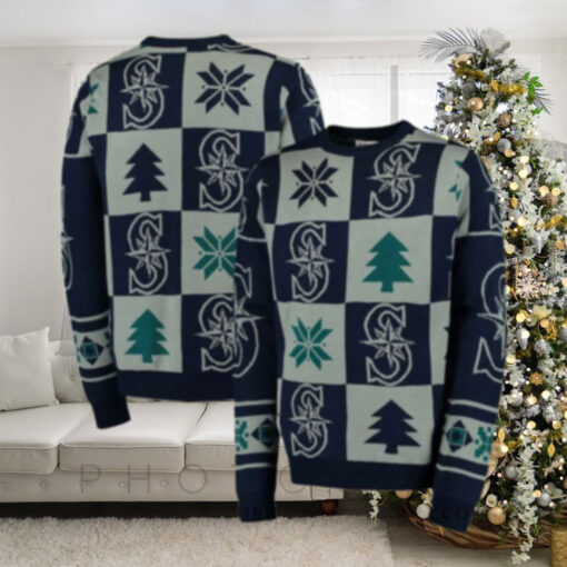 Seattle Mariners Patchwork Trees And Snowflakes Ugly Christmas Sweater