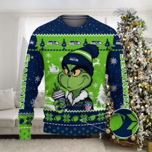 Seattle Seahawks The Grinch Drink Coffee Ugly Christmas Sweater