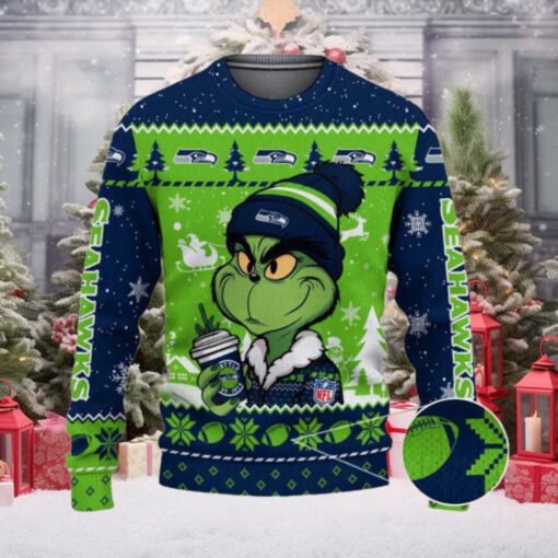 Seattle Seahawks The Grinch Drink Coffee Ugly Christmas Sweater