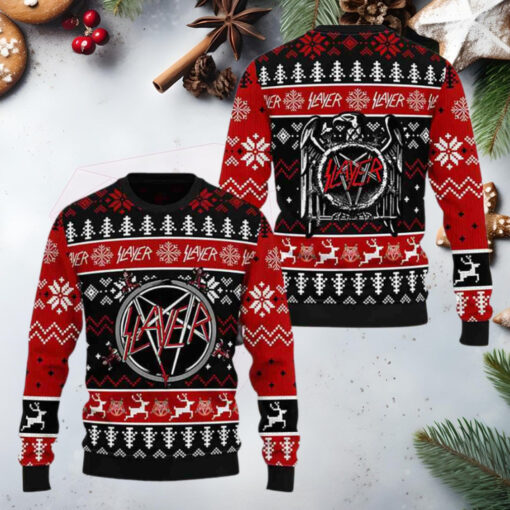 Slayer Band Logo And Xmas Pattern Black And Red 2024 Ugly Christmas Sweater