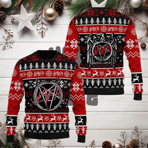 Slayer Band Logo And Xmas Pattern Black And Red 2024 Ugly Christmas Sweater