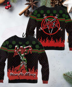 Slayer Band Logo Show No Mercy Satan Wearing Santa Hat 2024 Ugly Christmas Sweater