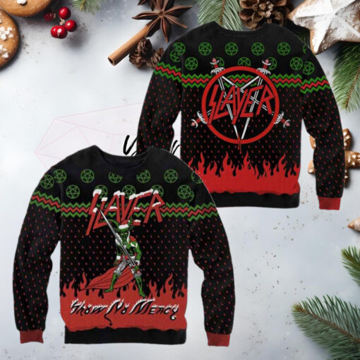 Slayer Band Logo Show No Mercy Satan Wearing Santa Hat 2024 Ugly Christmas Sweater