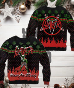 Slayer Band Logo Show No Mercy Satan Wearing Santa Hat 2024 Ugly Christmas Sweater