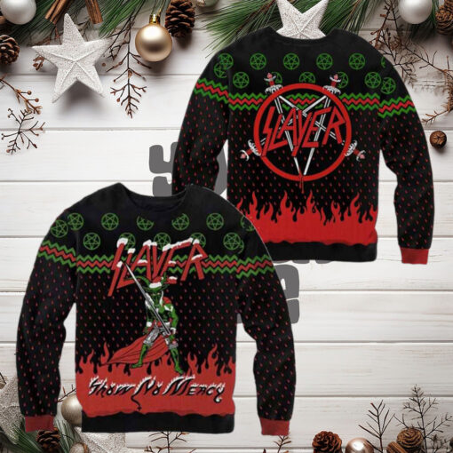 Slayer Band Logo Show No Mercy Satan Wearing Santa Hat 2024 Ugly Christmas Sweater