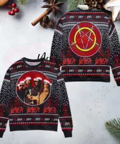 Slayer Band Logo With Jack Skellington Is Playing Guitar 2024 Ugly Christmas Sweater