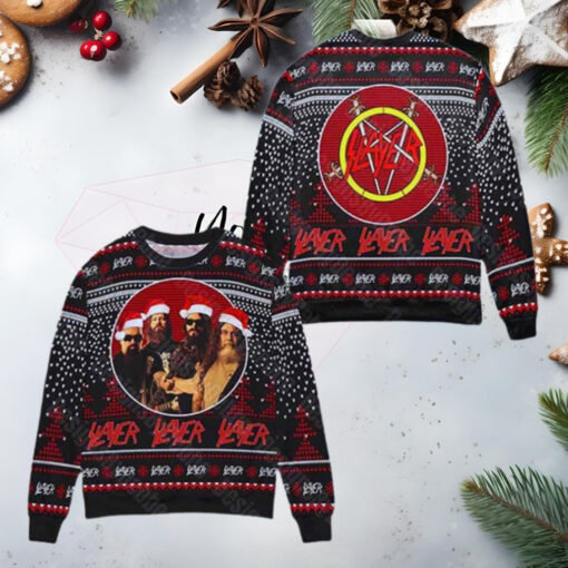 Slayer Band Logo With Jack Skellington Is Playing Guitar 2024 Ugly Christmas Sweater